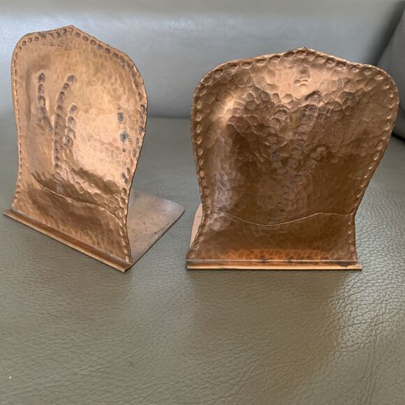 Vintage Hammered Copper Bookends Pair Rustic Tree Motif MCM Artsy Brutalist - Picture 3 of 16